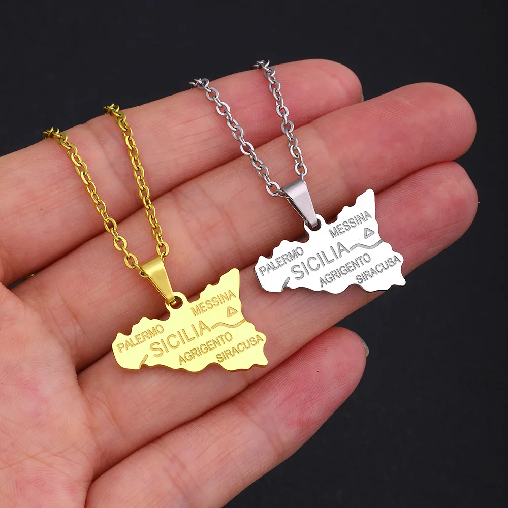 2024 new fashion stainless steel Sicily map pendant necklace temperament everything collarbone chain birthday anniversary small