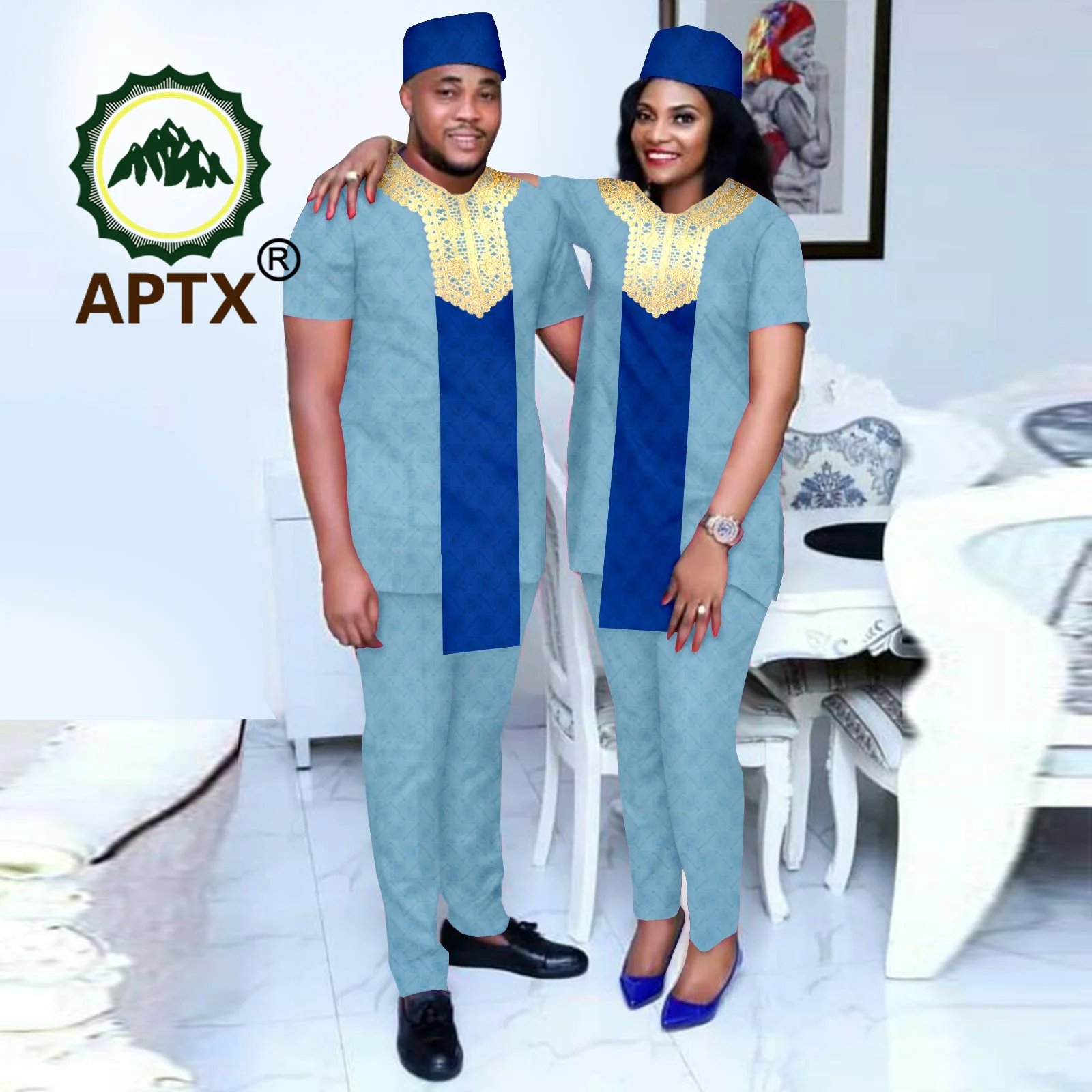 African Clothes for Couple Men Short Sleeve Embroidery Shirt Top and Hat Women Traditional Party Wedding African Style 24C011