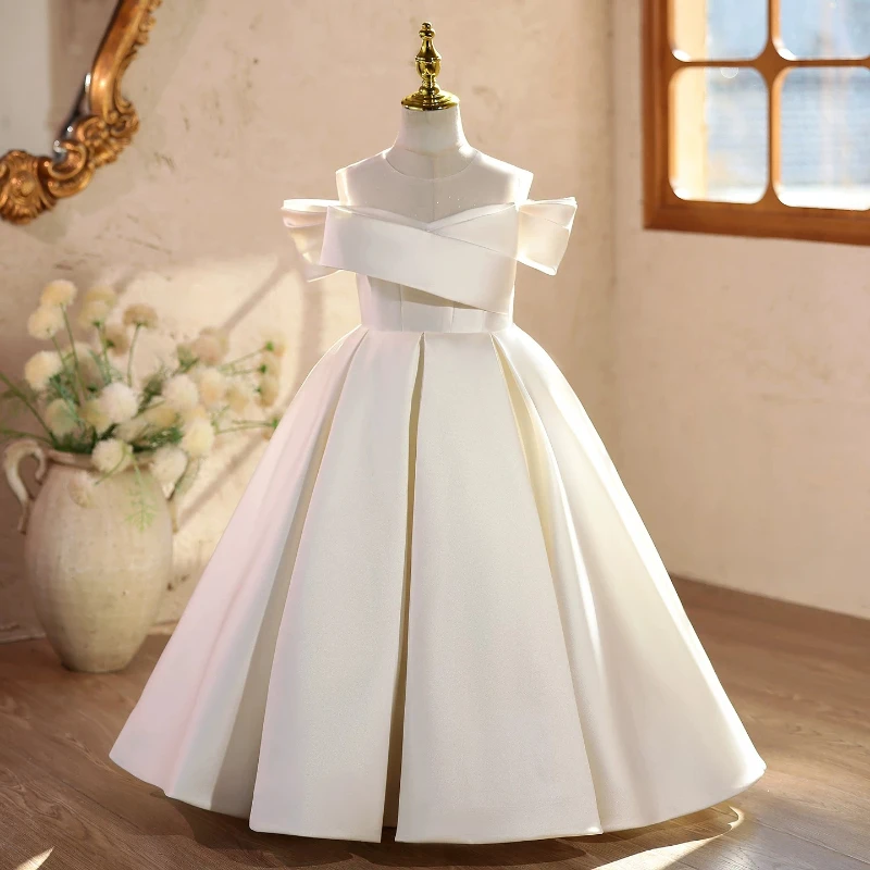 2026 Kids Evening Birthday Long Gown Dresses Children White Flower Girl Princess Dress Host Piano Performance Pageant Outfit