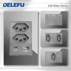 DELEFU Tempered Gray Glass Brazil Standard Outlet Dual Usb Type C Switzerland Wall Socket Light Switch Switzerland 118mm 10A 20A