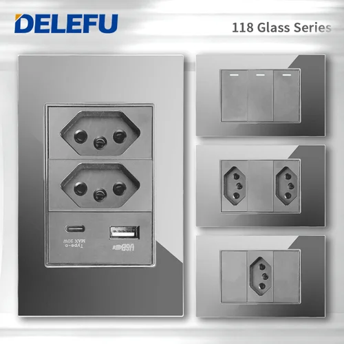 DELEFU vidrio gris templado Brasil enchufe estándar Dual Usb tipo C Suiza enchufe de pared interruptor de luz Suiza 118mm 10A 20A