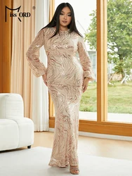 Missord Plus Size Round Neck Long Sleeved Sequin Mermaid Evening Wedding Birthday Party Large Dress