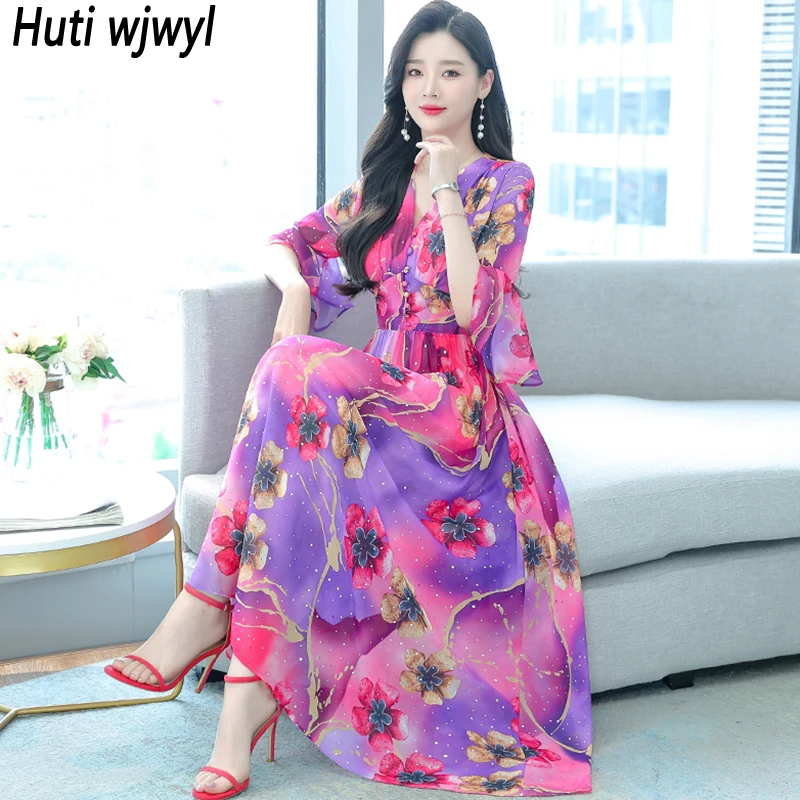 

2024 Floral Chiffon Flare Sleeve Boho Beach Long Dress Women Casual Party Evening Dress Summer Elegant Bodycon Chic Maxi Vestido