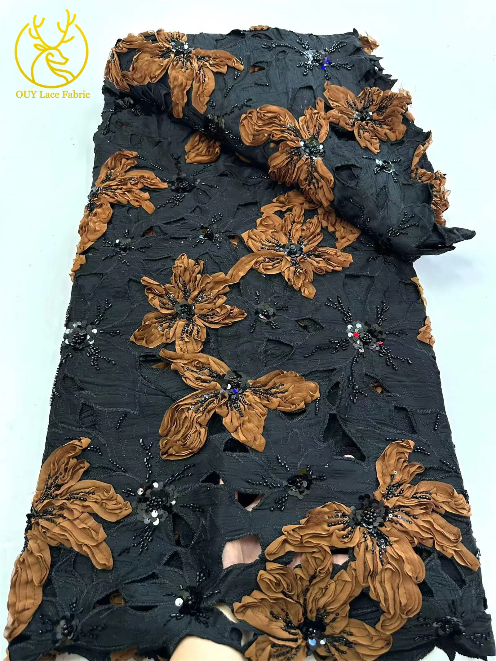 Afrikanischer französischer Stickerei-Spitzenstoff mit Perlen und Pailletten, nigerianischer Tüll-Stickerei-Blumenstoff für Abendkleider, Nähen und Dekoration – Detail 7