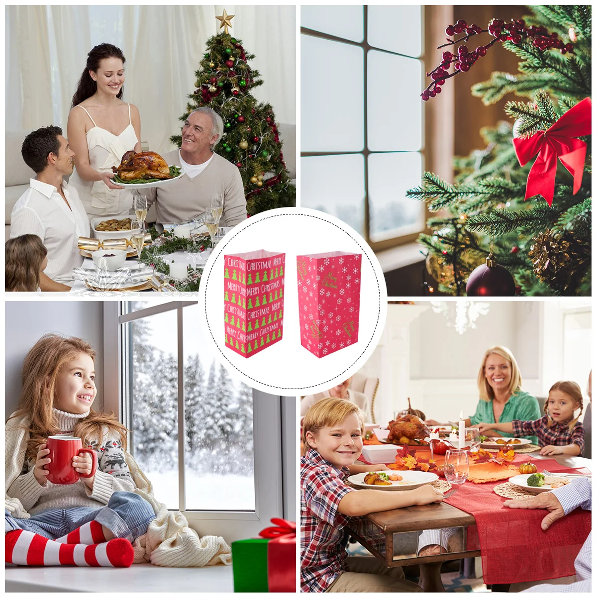 

12Pcs Merry Christmas Gift Bags Kraft Paper Red Xmas Paper Bag Candy Storage Party Favor Wrapping Pouch Merry Christmas Gift Bag