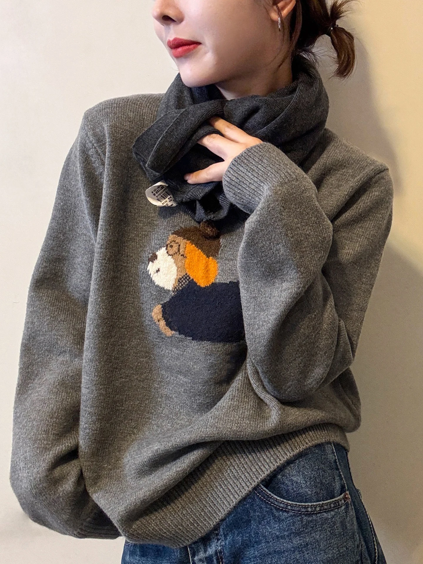 

Очаровательный свитер с вышивкой для собак Long Sve, удобный повседневный вязаный зимний женский топ, свободный крой в Корейском стиле