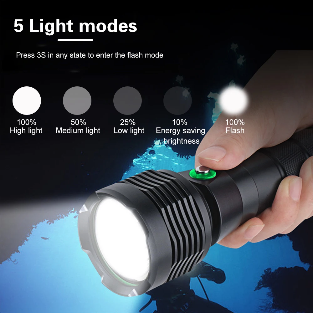 Asafee 60M Underwater XHP70 Powerful LED Diving Flashlight Super Brightest 30W Torch IPX8 Waterproof Dive Lamp Lantern