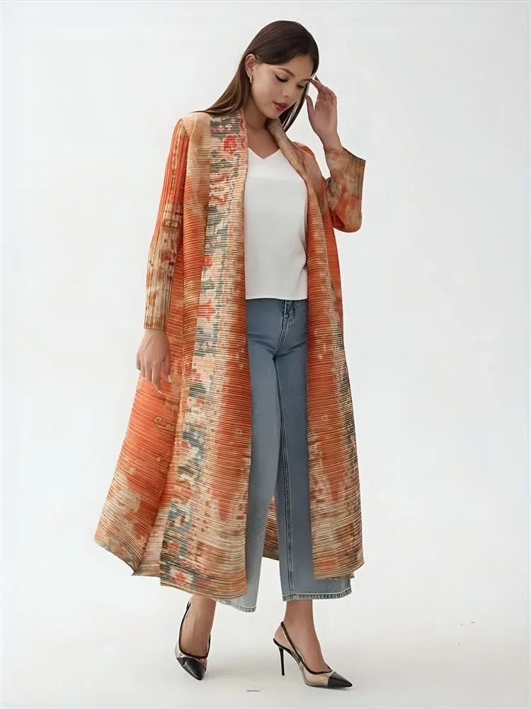 Miyake Pleated Printed Cardigan Long Coat for Women 2024 New Style High-end Fashion Temperament Long-sleeved Lapel Outer Cover