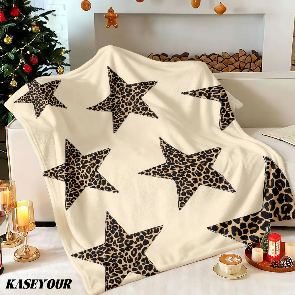 Leopard Print Stars Winter Summer Flannel Blanket Throw Fleece Soft Fuzzy Plush Cozy Fleece Blankets for Sofa Ideal Gifts