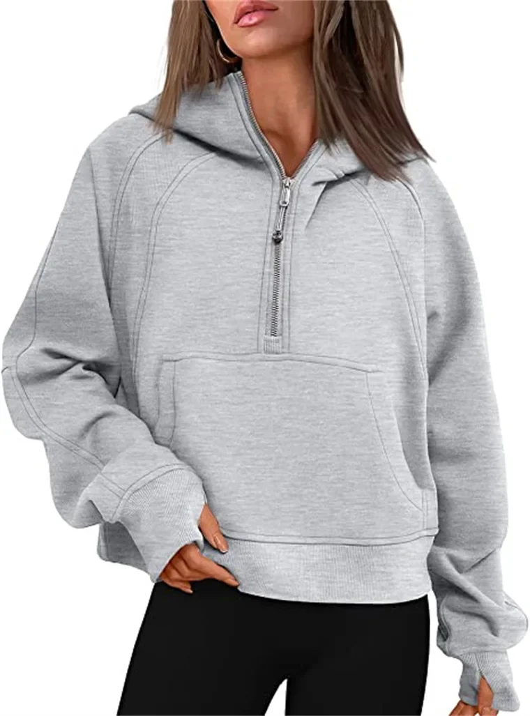 Autumn/Winter Stand Collar Women's Yoga Jacket Half-Zip Hooded Sweatshirt Loose Fit Cropped Fleece-Lined Hooded Top for Sports