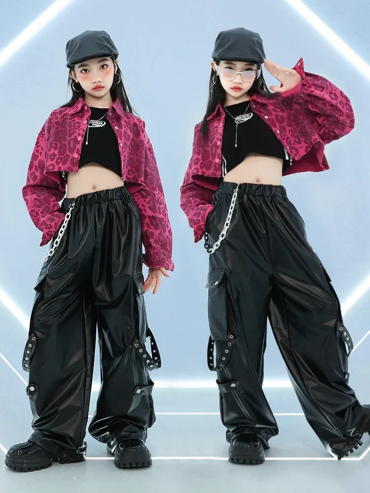 

Kid Hip Hop Clothing Pink Leopard Crop Shirt Top Black Faux Leather Wide Strap Cargo Pants for Girl Jazz Dance Costume Clothes