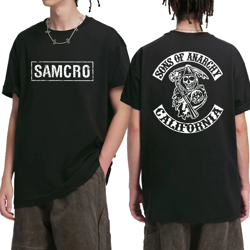 

2025 Hip Hop vintage T shirt Men Women Sons of Anarchy SAMCRO Double Sided print short sleeve T-shirts Unisex 100% Cotton Tops