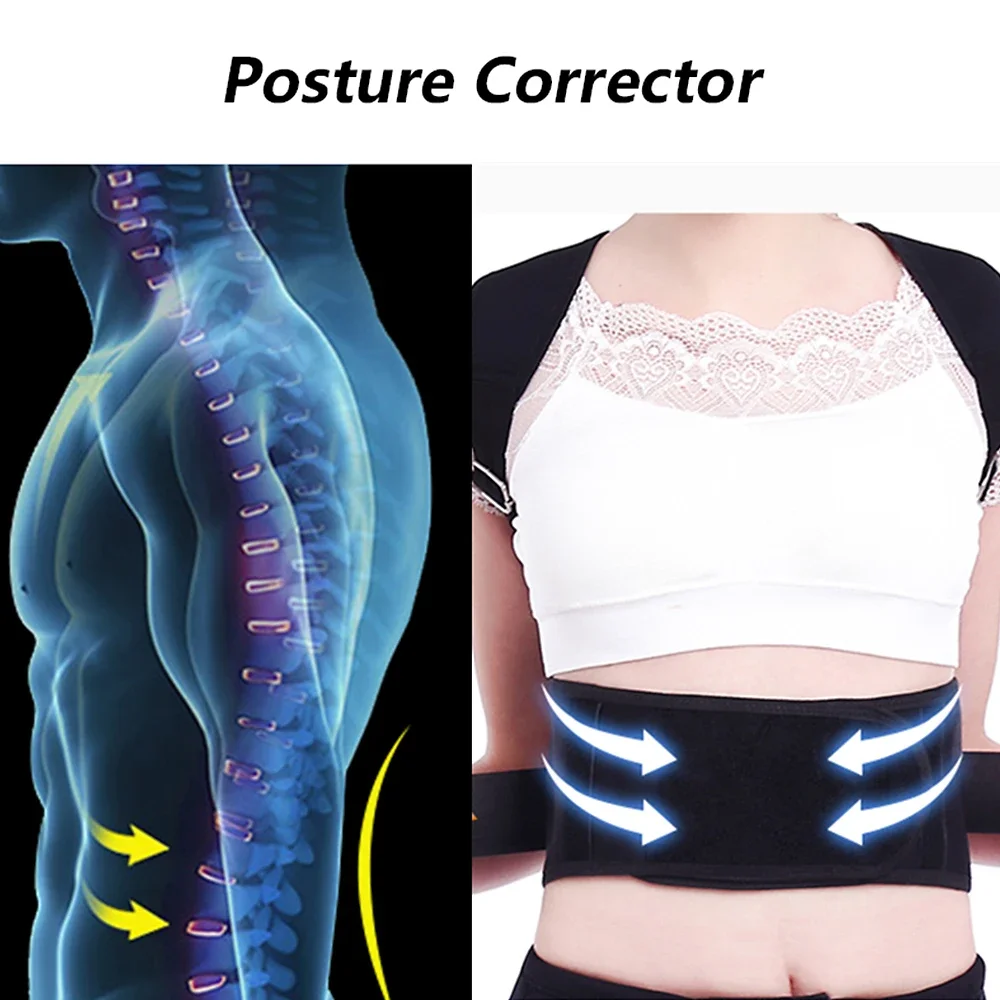 등 허리 자세 교정기, 조절 가능한 성인 교정 벨트, 허리 트레이너, 어깨 요추 버팀대, 척추 지지 벨트, 블랙 조끼