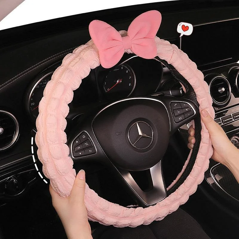 Cute Cartoon Car Steering Wheel Cover For Women Puff Bowknot Universal Anti Slip Handlebar Cover Girls Interior Accessories