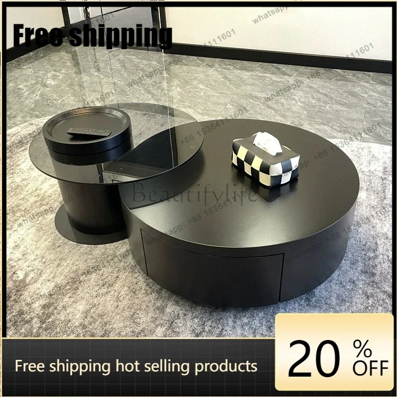 Black rock slab Italian minimalist coffee table size round tea table modern light luxury high-end art Factory Direct