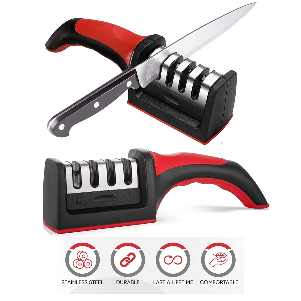 Knife Sharpeners for Kitchen Knives Stainless Steel 4 in1 Kitchen  Ergonomic and Easy to Use Knife Kit with 4 Stage Slots Black