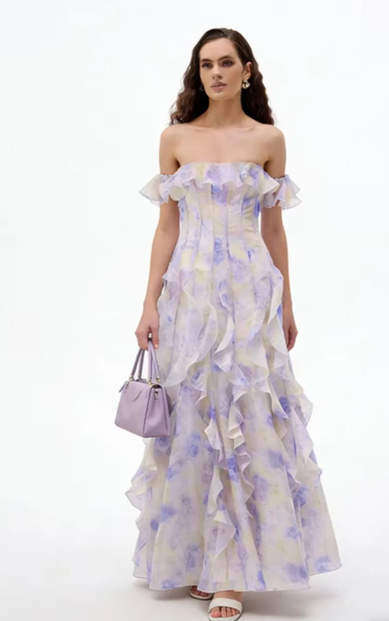 

Модное женское платье с рюшами и принтом, облегающее грудь, без рукавов, на молнии, весенне-осеннее, с завышенной талией, в пол