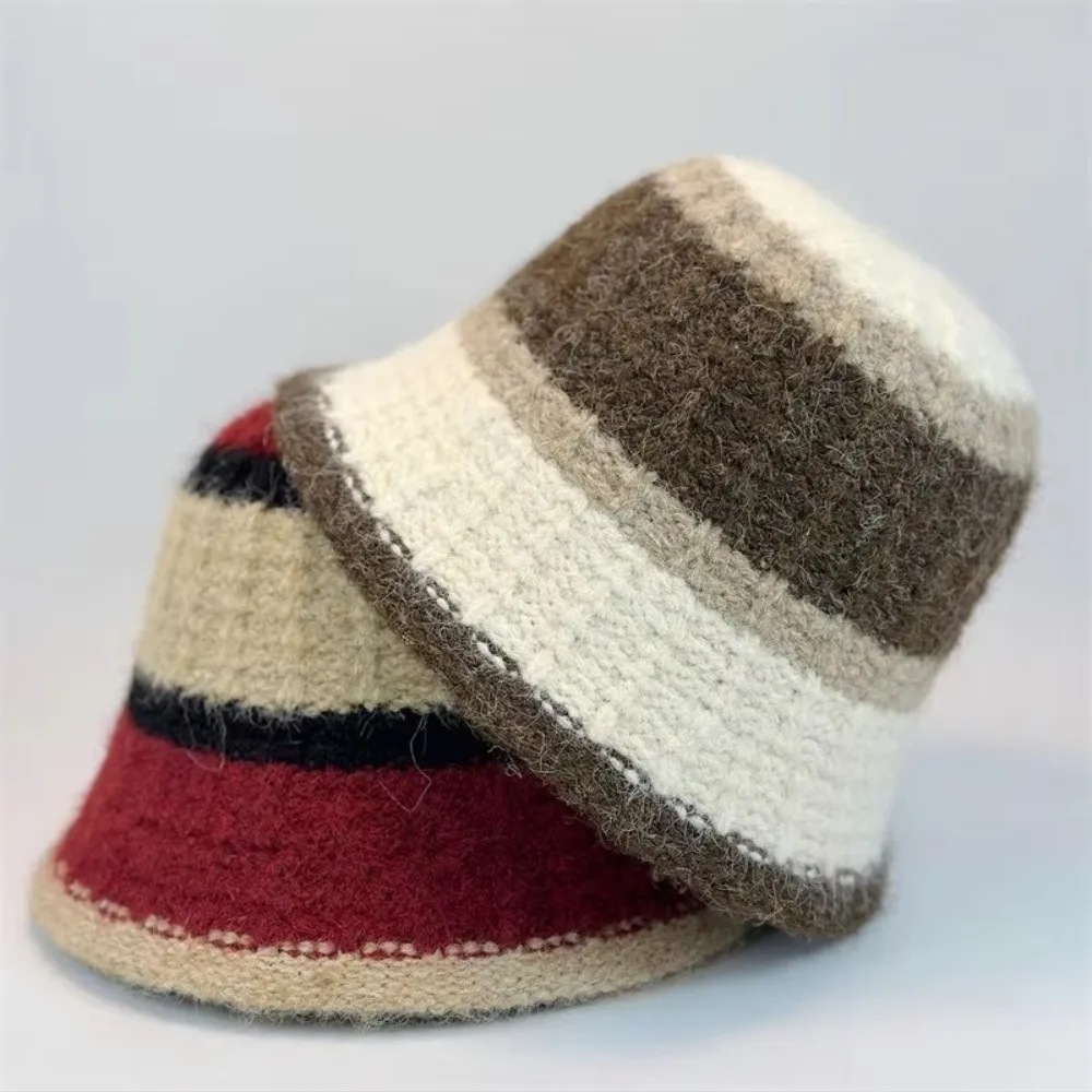 

New Wide-Striped Knitted Bucket Hat Large Head Circumference Cold-Proof Warm Basin Hat Versatile Winter Warm Cap Cold Weather