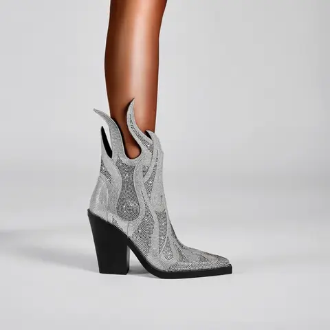 2024New Women's Rhinestone Flame Ankle Boots Fashion Square Head High Heels Western Boots Party Dress 43 Large Short Boots