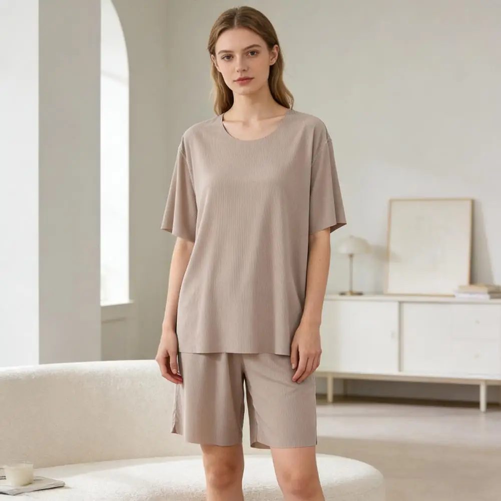 

Летний женский комплект пижамы из ледяного шелка: футболка с коротким рукавом и брюки, дышащий легкий повседневный комплект из 2 предметов для дома