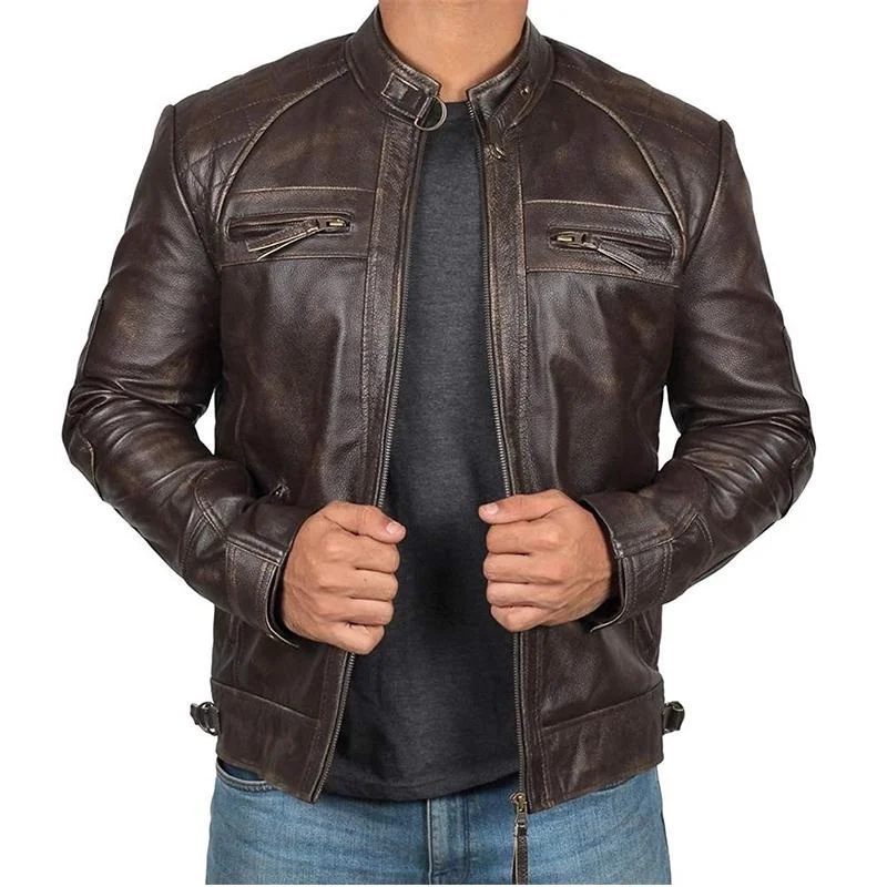 2024 New Men's Retro Leather Jacket Jacket Men Stand-up Collar Punk Handsome Motorcycle Leather Jacket Rock Jacket