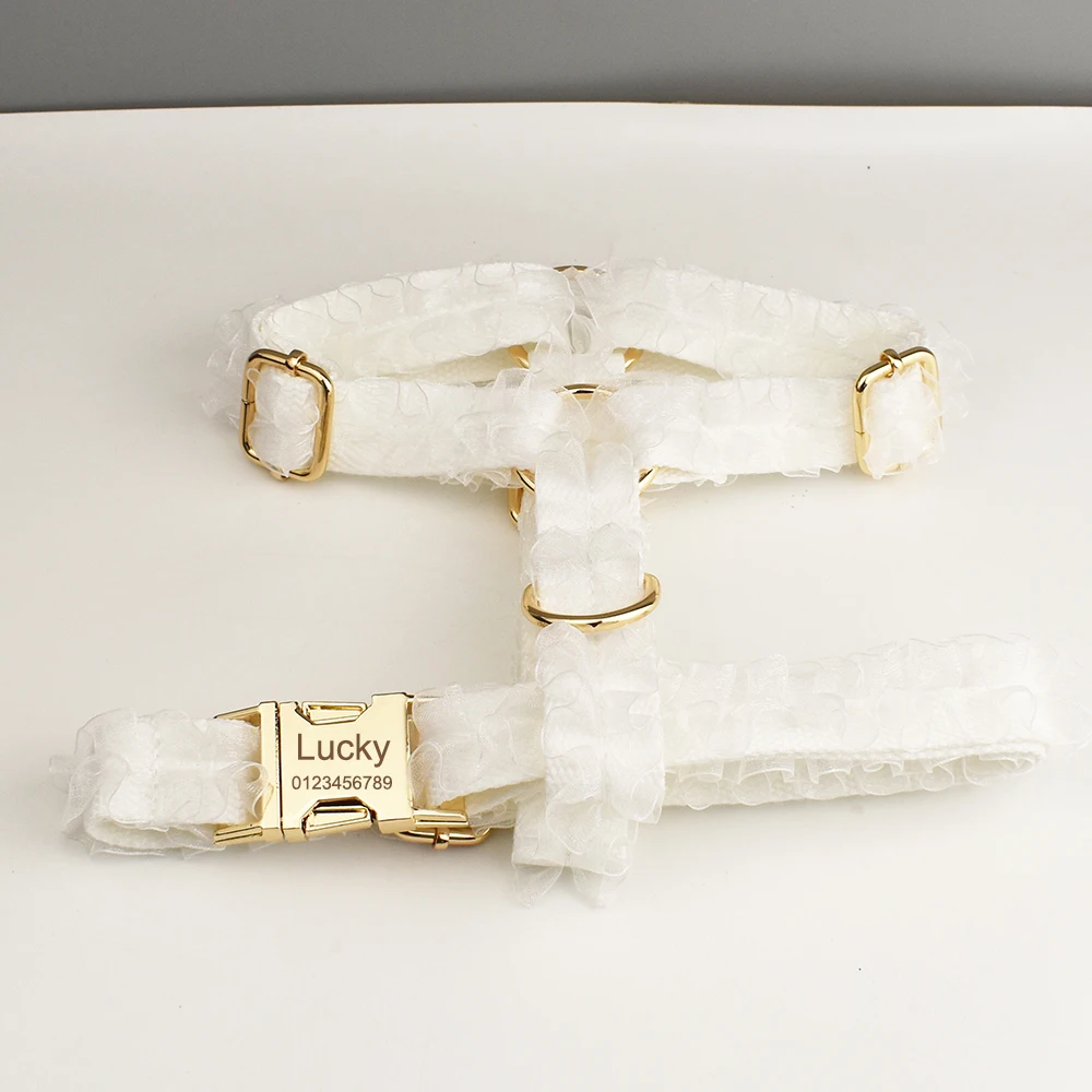 Personalisiertes weißes Spitzen-Hundehalsband mit Gravur, luxuriöses Haustier-Hochzeitsgeschirr, Namensschild, Spitze 01 – Detail 6
