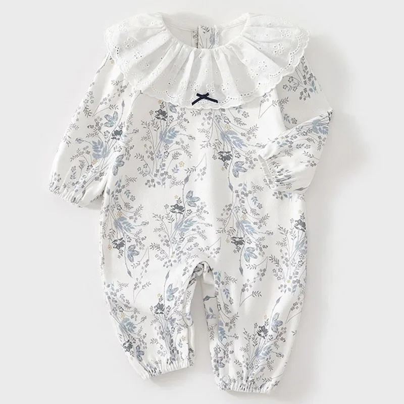Spring Fall Baby Girl Clothes 0 To 6Months Korean Fashion Cute Doll Collar Flower Print Long Sleeve Jumpsuits Newborn Items B104