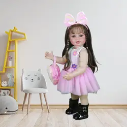 22 Inch Realistic Reborn Toddler Doll, Full Soft Vinyl Body, Brunette Rooted Hair, Brown Eyes, Sequin Dress, Plush Backpack