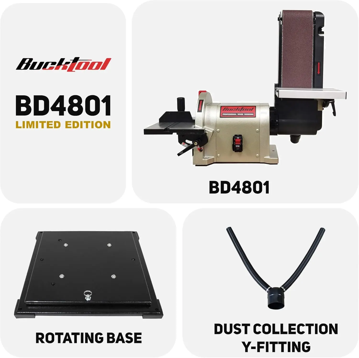 BUCKTOOL Bench Belt Sander with Rotating Base and Dust Collection Fitting, Belt Sander for Woodworking 4 in.  x 36 in.