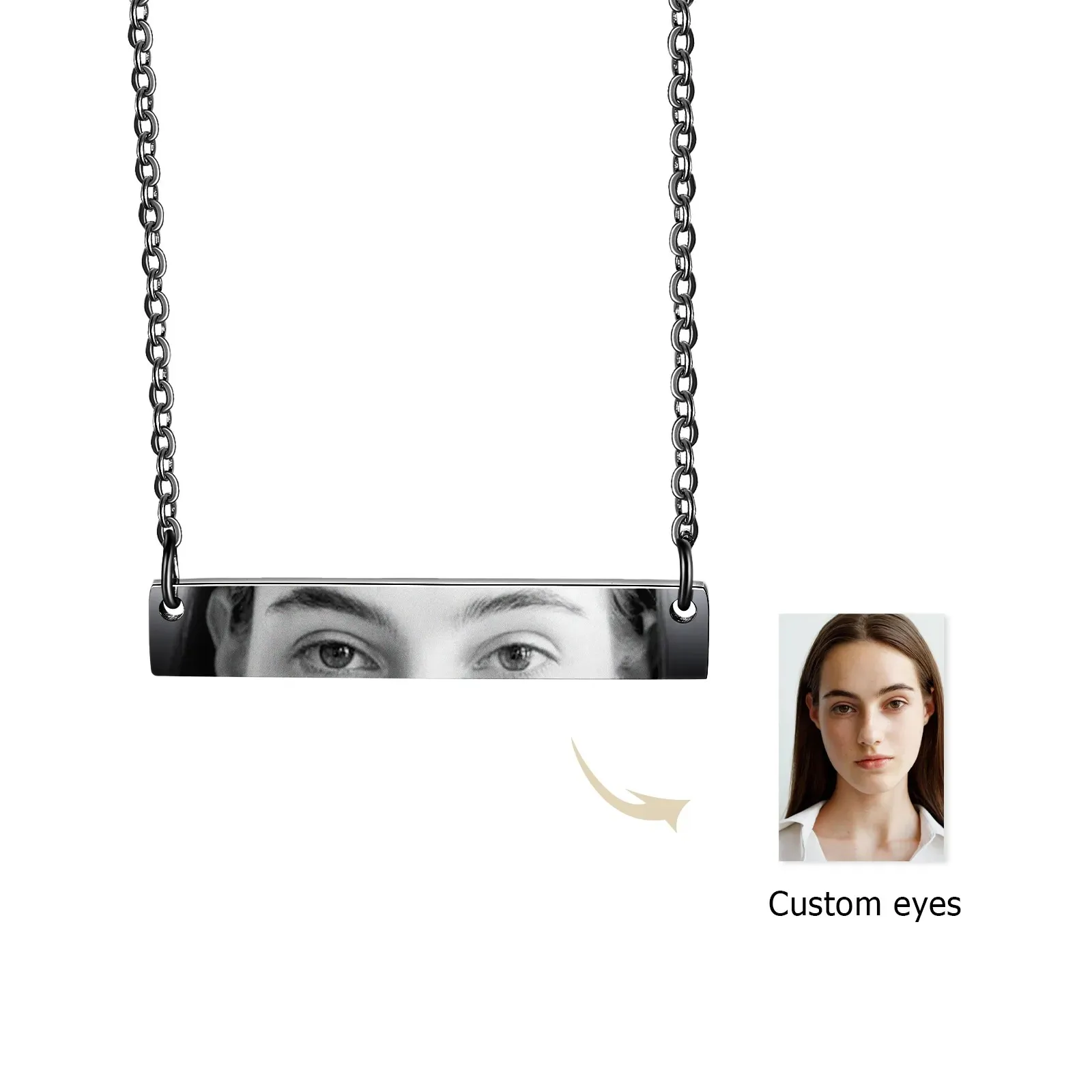 

Custom Eye Photo Bar Necklace Laser Engraved Image Stainless Steel Geometric Pendant Dainty Chain Memorial Jewelry Gift for Him