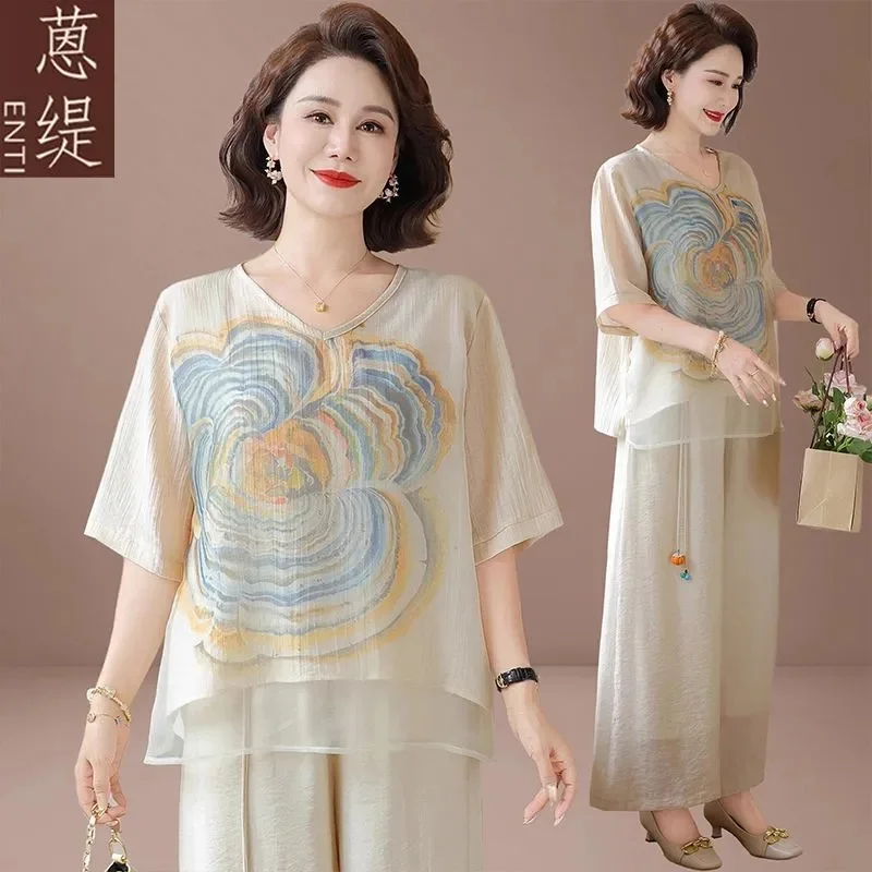 Mom Summer Outfit Set Stylish Loose Fitting Small Shirt 2025 New Model Middle-Aged Elderly Women's Chiffon Loose Two-Piece Set