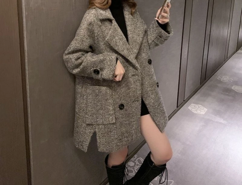 

New Loose Suit Collar with Thick Woolen Coat for Women's Mid To Long Length Double Breasted Woolen Coat
