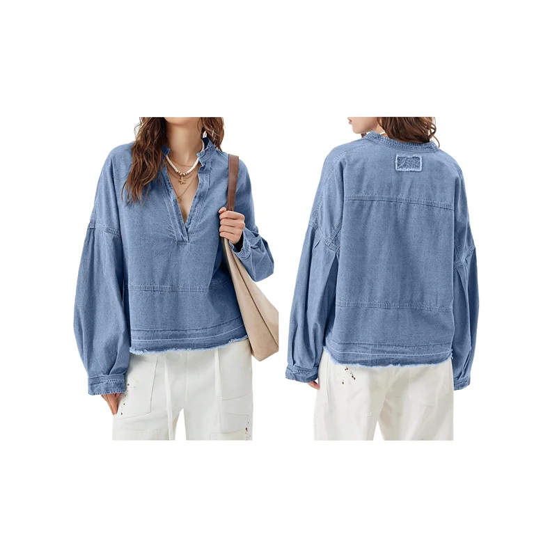 

ASDS-Womens Denim Tops Pullover Trendy Casual V Neck Loose Fit Puff Sleeve Jean Cotton Shirts