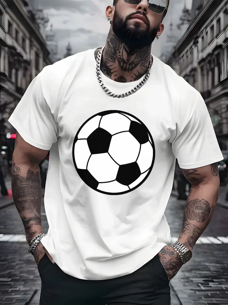 Men Summer Crew Neck T Shirt Soccer Ball Graphic Short Sleeve Tee Loose Casual Sport Streetwear White Basic Top Male Daily Wear