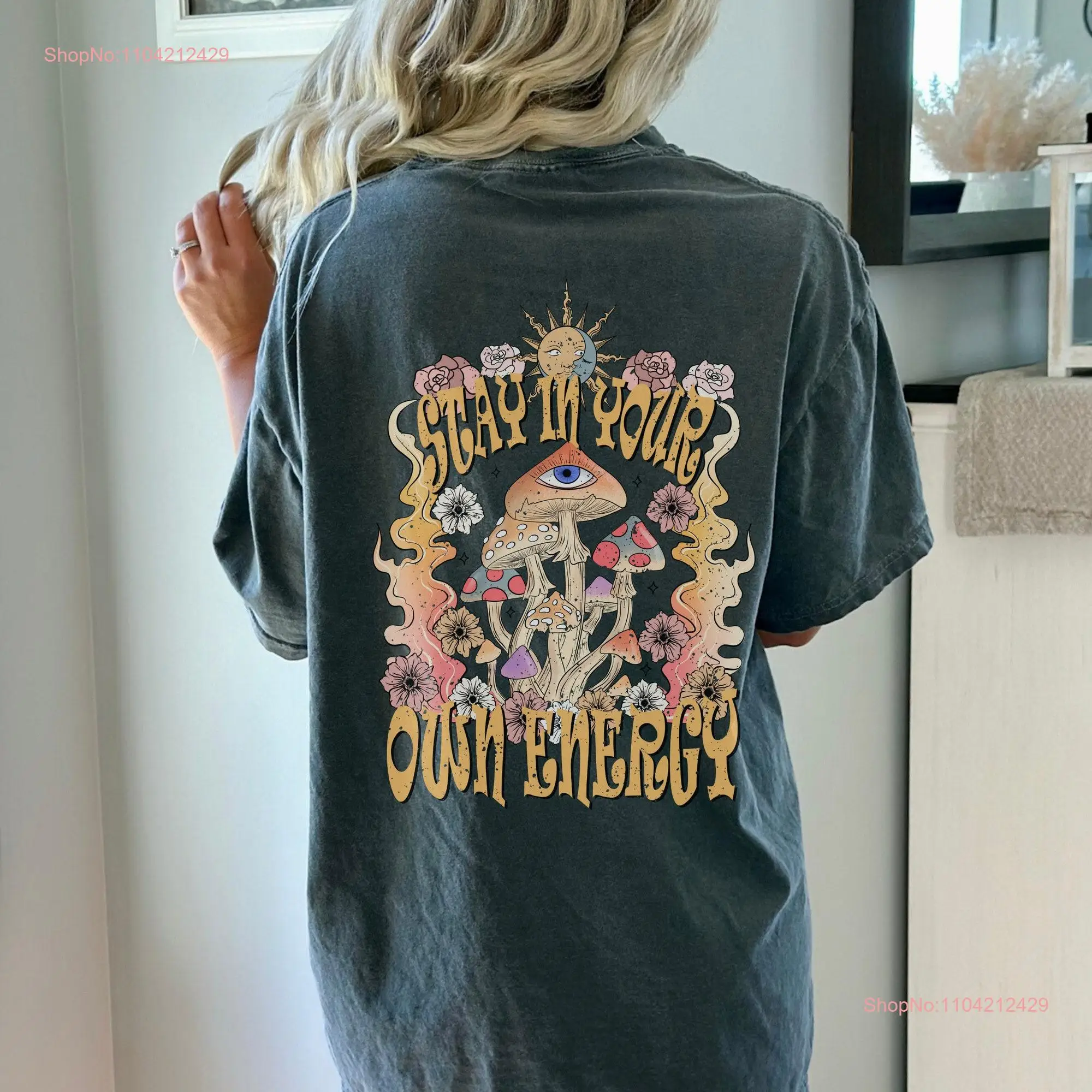 Stay in your own energy comfort colors tee celestial shirt vintage inspired graphic witchy cottage mystical mushroom retro