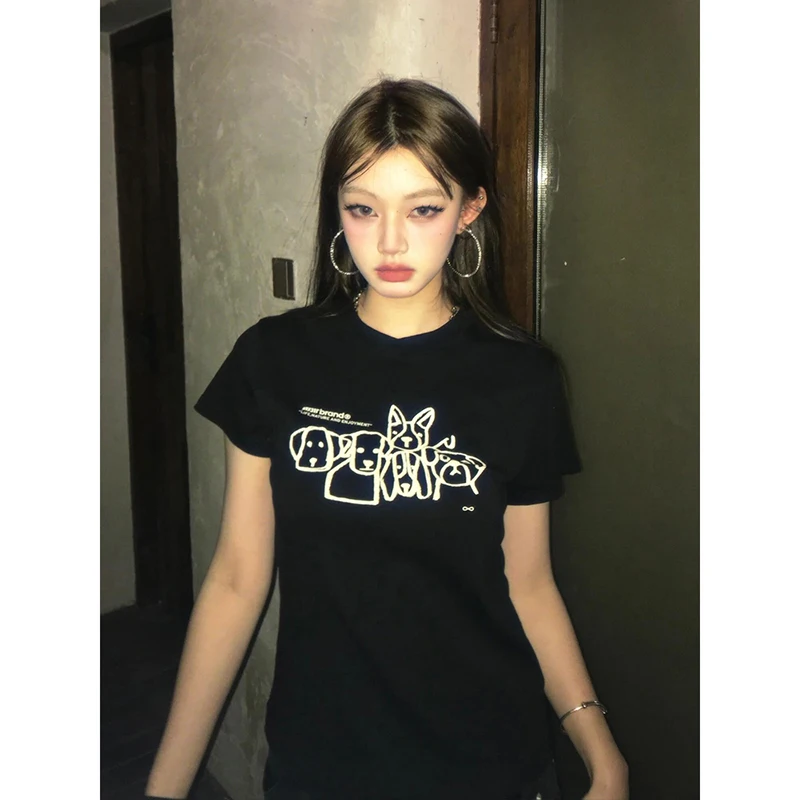 

Pullover Women's Cotton American Black Front Shoulder Short Sleeve Spring Summer Graffiti Puppy Print Slim Skinny T-Shirt Short