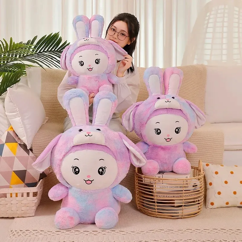 

50-70cm Kawaii Purple Rabbit Plushie Doll Turn Into Long Ears Colorful Bunny Stuffed Soft Toys Girls Throw Pillow for Kids Gifts