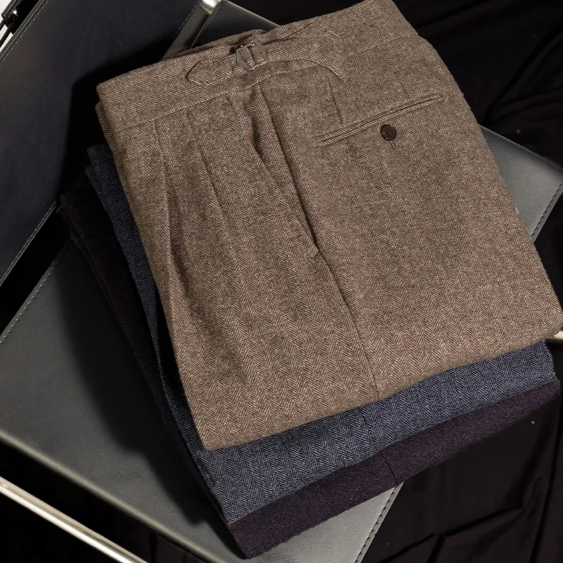 تويد خمر الرجال فستان بنطلون مزدوج الطيات الخصر مستقيم الساق بنطلون سميكة نمط الخريف الشتاء الزفاف بنطلون للرجال