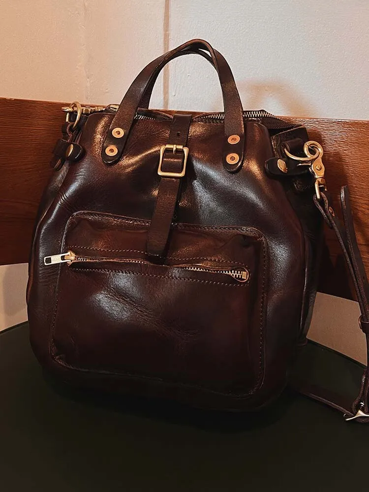 High Quality Handmade Genuine Leather Handbag Tote Men Vintage Real Cowhide Buckle Single Shoulder Bag Solid Color Casual Bags