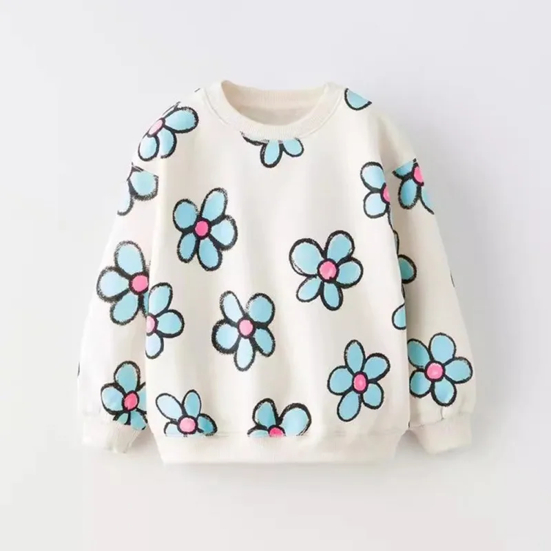 1-8T 2024 New Girls Sweatshirts Flower Bow Sailboat Pattern Autumn Spring Long Sleeve Children\'s Clothing Toddler Shirts