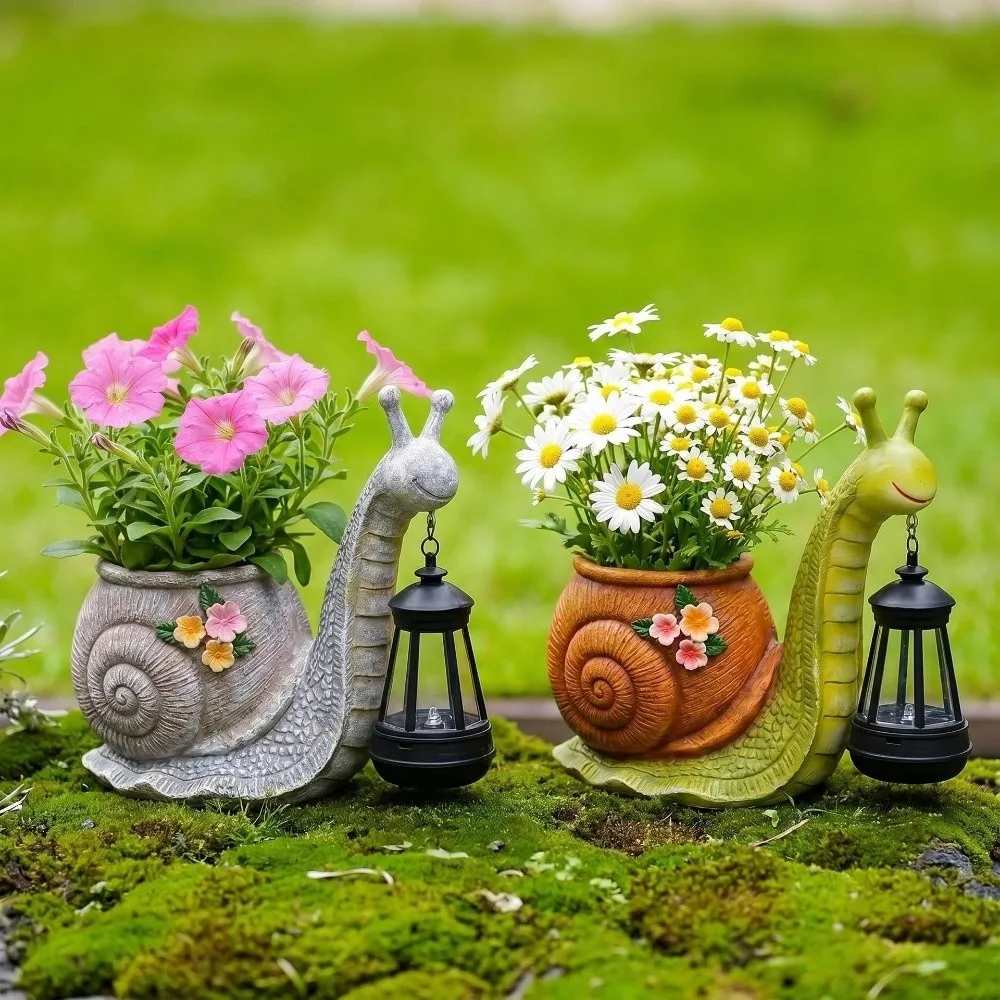 Resin Snail Statue Planter Decorative Eco Plant Pot Resin Decorative Flowerpot Sun Proof with Warm LED Light Garden Vase Outdoor