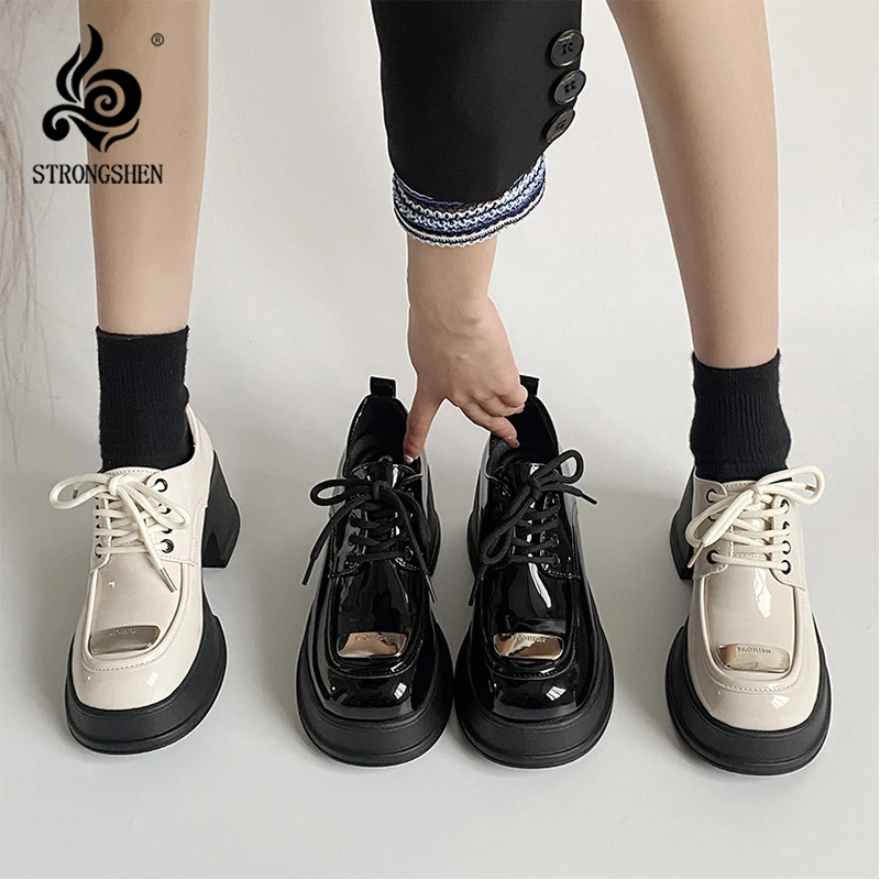 

STRONGSHEN Women Lolita Shoes Women Fashion Chunky Platform Leather Shoes Woman Lace Up Thick Heels Round Toe Mary Jane Shoes