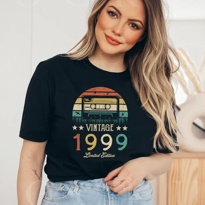 Born in 1999 26th 26 Years Old Birthday Gift Women T Shirt Cotton Retro Sunset Tape Graphic Tee Black Ladies T-Shirt Clothes