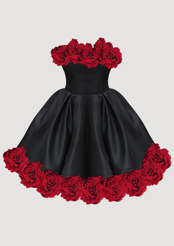 Beautiful Black Midi Women Formal Dresses With 3D Handmade Flower Details Princess Party Dress Lace Up Back