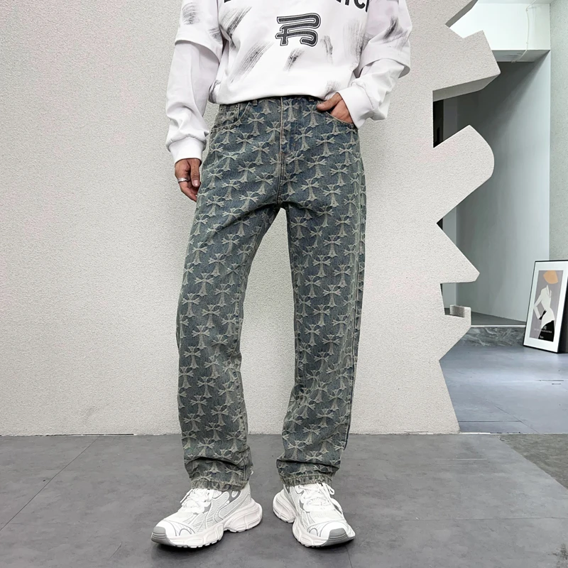 Design Sense Niche Trendy Brand Print Loose Straight Tube Retro Men'S Pants New Harun Youth Casual Jeans