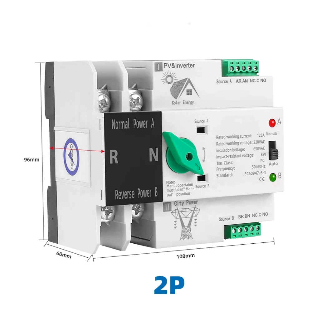 

2P 3P 4P Din Rail ATS PV Inverter Dual Power Automatic Transfer Selector Switches Uninterrupted 63A 100A 125A Photovoltaic Solar