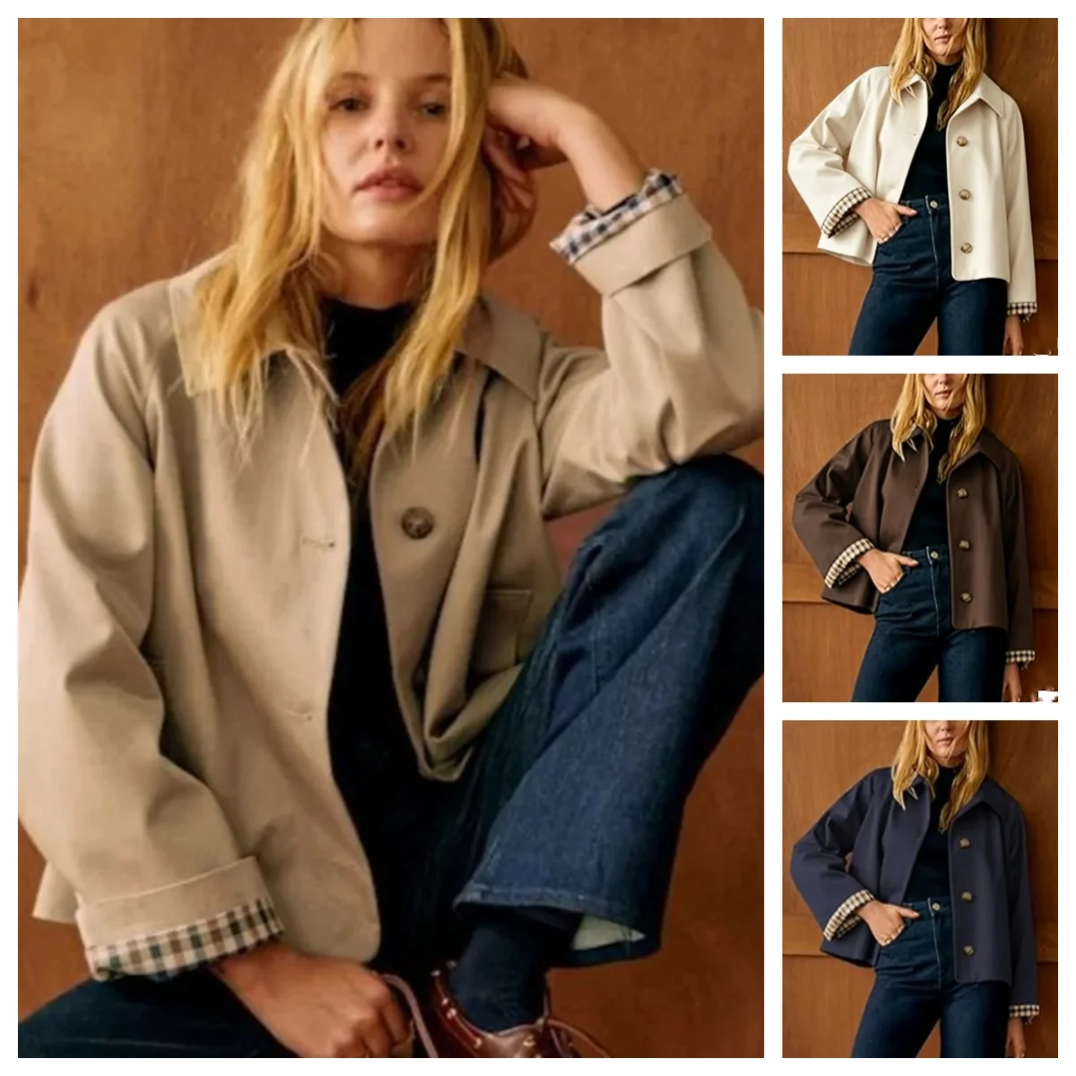 Women Classic Cropped Short Trench Coat Winter Double Breasted Lapel Jacket Plaid Cuff Turn Outerwear Quiet Luxury Fall Outfit