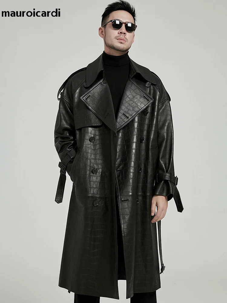 

Mauroicardi Spring Autumn Long Black Crocodile Print Pu Leather Trench Coat Men Belt Double Breaste Runway European Fashion 2023