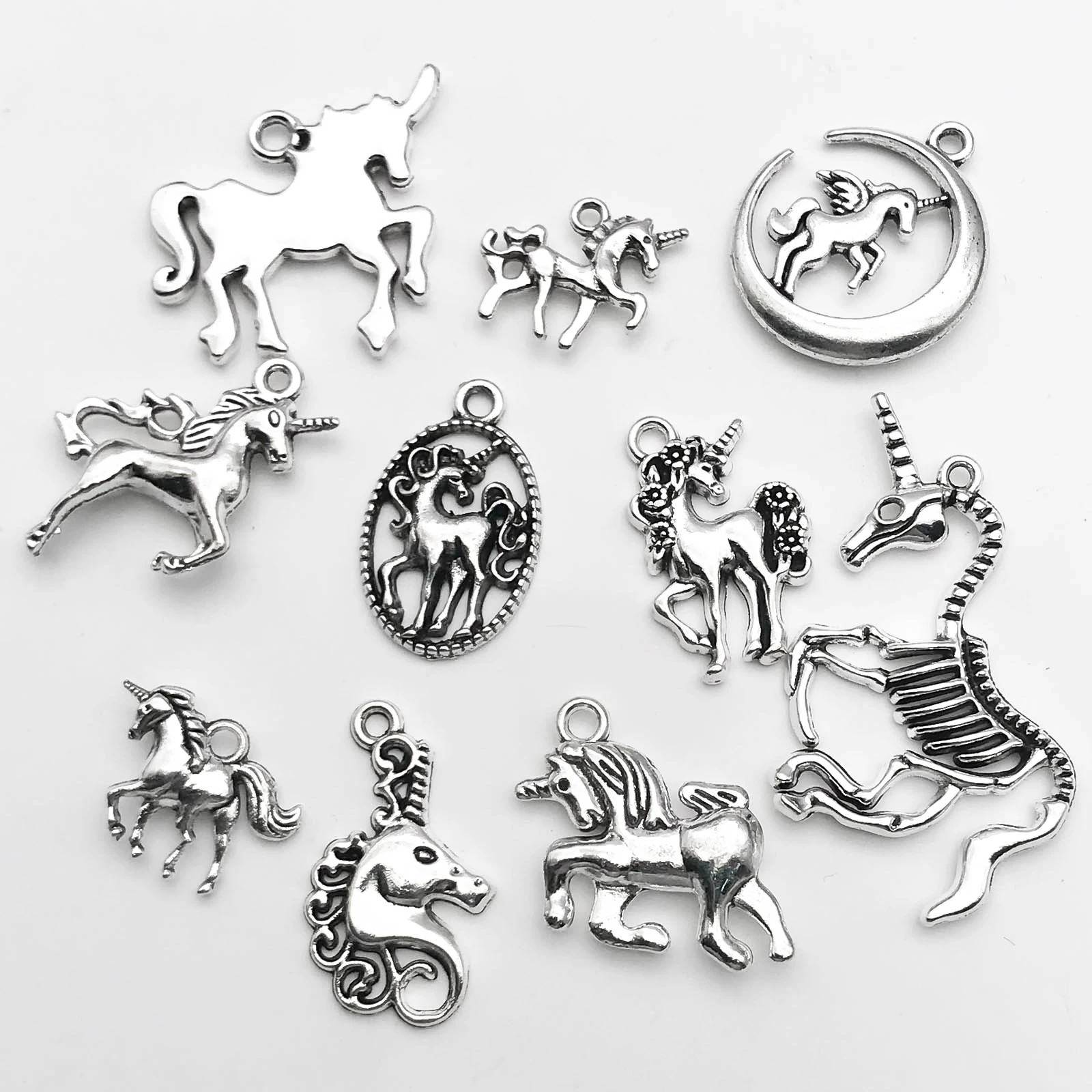 6/10Pcs Antique Silvery Vintage Unicorn Charms Animal Shaped Small Pendant For Jewelry Making Findings Crafting Accessory