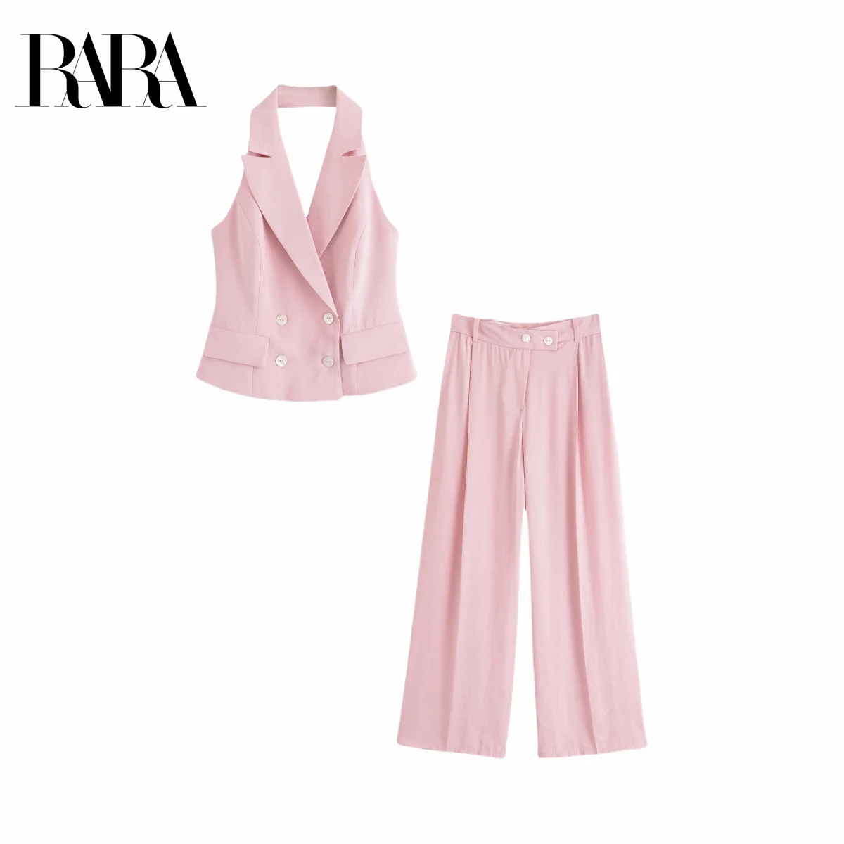 

RARA2025 new summer women's casual fashion simple double-breasted halter neck vest top + pleated wide-leg pants